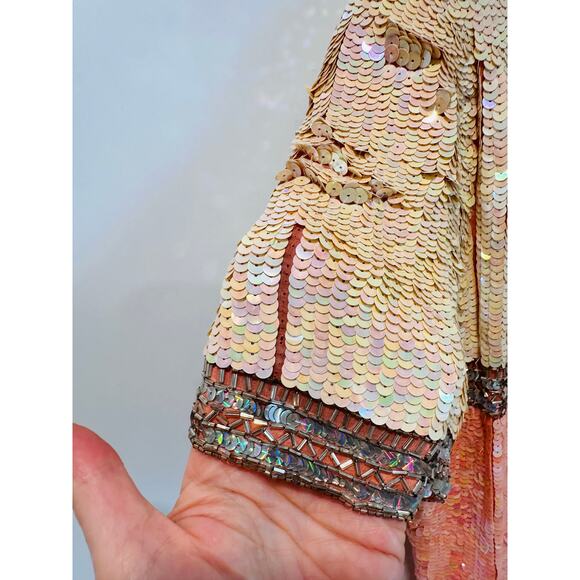 Vintage 80s Silk Sequin Pink Cocktail Dress Medium Fit Knee Length Sparkle Shine - Picture 6 of 14